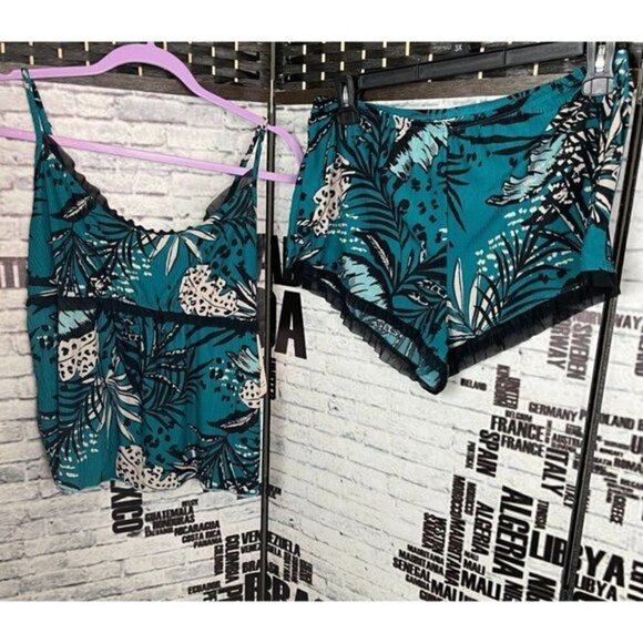Secret Treasures L Teal Jungle Floral Mesh Trim Cami Lounge Shortie Set - Picture 1 of 4